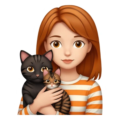 tan brown-haired girl holding two cats, one black cat and one orange tiger-striped cat sticker
