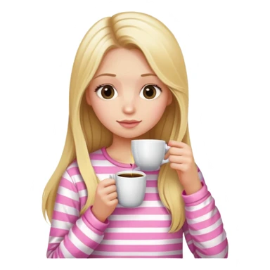 girl with long blonde hair sipping coffee in pink striped pajamas  sticker