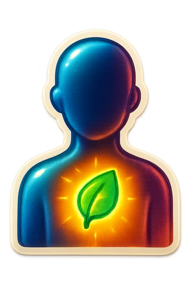 human silhouette or body with a glowing or highlighted leaf symbolizing mental health placed on the chest or face, retro stickers style, clear outlines, strong shadows and highlights, fun and not too complex, psychosomatics and psychology theme sticker