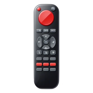 One black tv remote control with red border, frontal face in  2 dimensions. The remote control have to have 4 buttons in black and one big one in red and the play sign. Use sticker model sticker