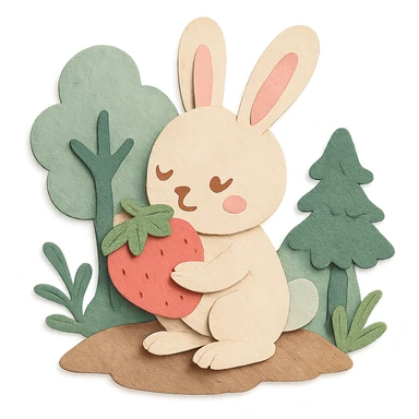 bunny picking strawberries in the woods, sweet pastel red, paper craft style sticker