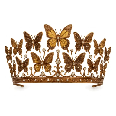 butterfly crown with a copper base, butterflies in bronze and gold enamel, sparkling gems, transparent background sticker