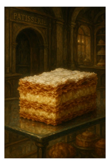 Сгенерируй мне кусочек пироженного наполеон, крупным планом, оно находиться в винтажной французкой кондитерской на витрине, вайб средневековья. в стиле реалистичной живописи sticker
