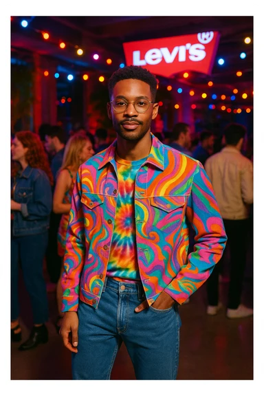A stylish man in mesmerizing, colorful clothing at a Levi's party, incorporating denim jeans and a fun, social setting. sticker