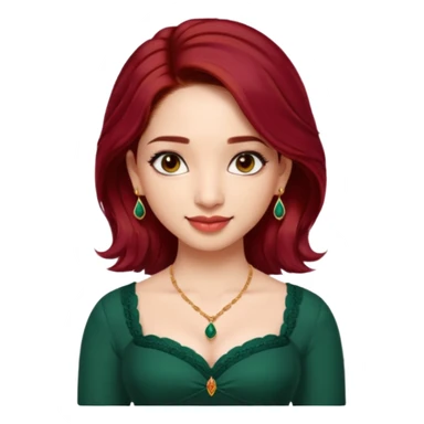 pretty bratz genmoji that looks like tamannah bhatia (bollywood actress), wearing a dark green sweetheart neckline top, dark red hair, light makeup, no necklace, dangly earrings, side hair part, dark brown eyes,  sticker