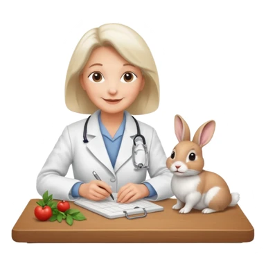 Older female vet – gentle smile, coat, checking rabbit on table. sticker