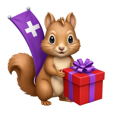 realistic squirrel holding a purple gift box in one hand and a red Swiss flag in the other, both objects clearly visible, simple white background, the gift is a different color from the flag sticker