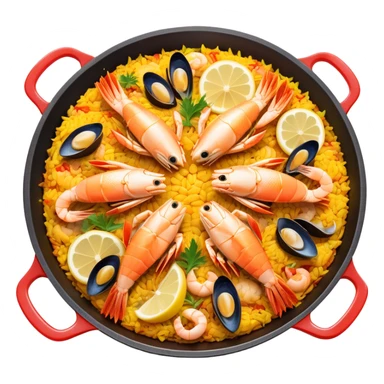 cinematic-realistic-paella-dish-emoji,-depicted-as-a-vibrant,-aromatic-rice-dish-loaded-with-seafood,-chicken,-and-saffron-rendered-with-rich-textures-and-dynamic,-warm-lighting with a lemon slice in the middle sticker