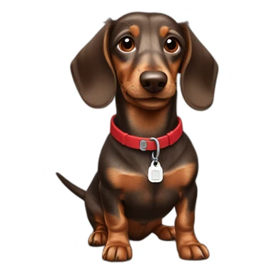 Happy brown wire-haired dachshund with red tag sticker