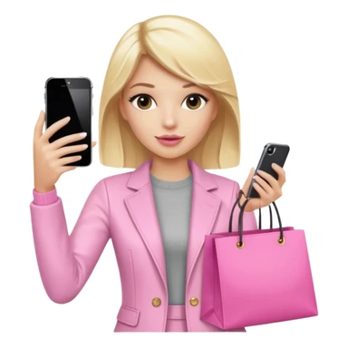 Blond influencer taking selfie with an iphone with one hand and a pink shopping bag next to her  sticker