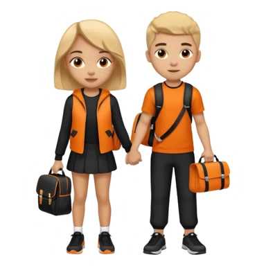 light skin students girl and boy with school bag full of books on back and dumbell in hand. Clothes are in black and orange colours  sticker