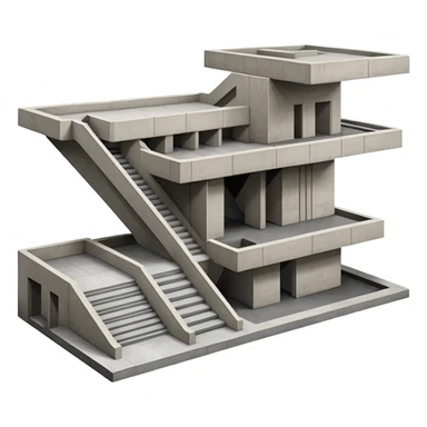 Cutaway view showing underground structure. Concrete walls, rectangular station box, visible staircases going down, platform edges, smooth geometry. No people, no text. Apple-style design sticker