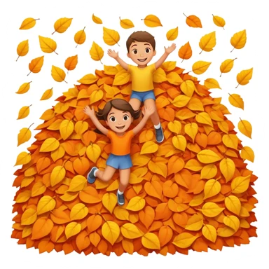 two children mid-air above a big pile of orange and yellow leaves, smiling faces sticker