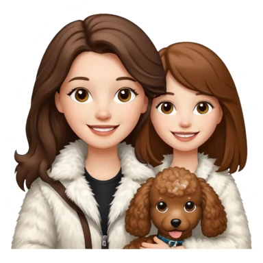 A white girl smiles a broad smile. She parts a long straight brown hair in middle. and she wears a white fur jacket. She also holds one brown poodle. sticker