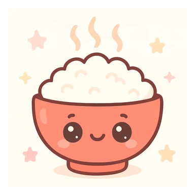 cute cartoon red bowl of rice with steam, big eyes, kawaii style sticker
