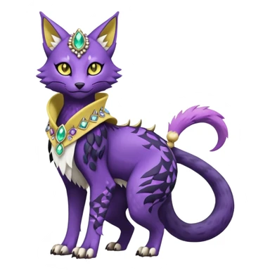 Kawaii cute Violet Yellow Black beautiful pretty elegant divine edgy feline-vernid-sergal-Fakémon-Pokémon-Digimon-fursona-animal-creature, full body, with intricate detailed markings, Embroidered capelet, Gem-studded horn ring sticker