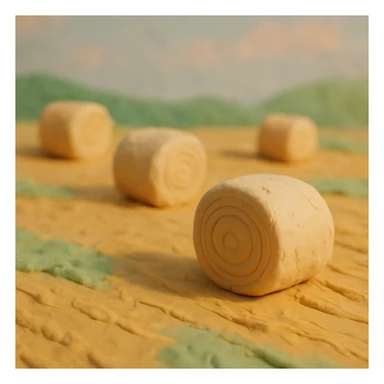 hay bales in a field, pastel colors, visible fingerprints, claymation style sticker