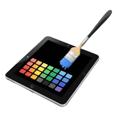 A simple graphic for digital art. A tablet dissolving into pixels with a paint brush or a pallet overlaid. No gradients. Just black on white. sticker