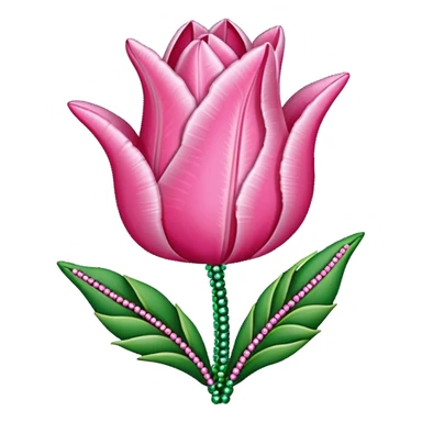 french beaded pink tulip flower with 2 leaves, handmade with glass beads, no background sticker