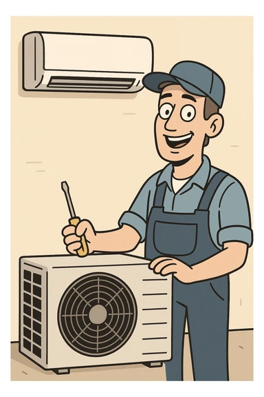 air conditioning technician smiling, standing next to air conditioner, minimal, approachable sticker