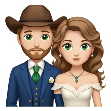 A bride and groom. Bride has brown hair with soft curls, has green eyes, wears an off shoulder dress. Groom, dark blue eyes, hair is blond, wears a western suit with a brown vest and a bolo tie. sticker