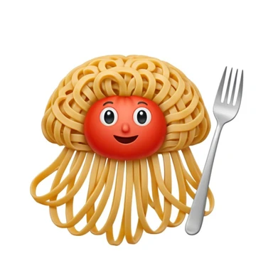 whimsical brain shaped like a spaghetti nest with a fork twirling pasta and a tomato on top sticker