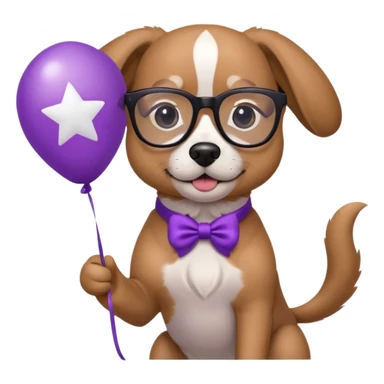 dog holding purple star balloon in hand with black glasses close view  sticker