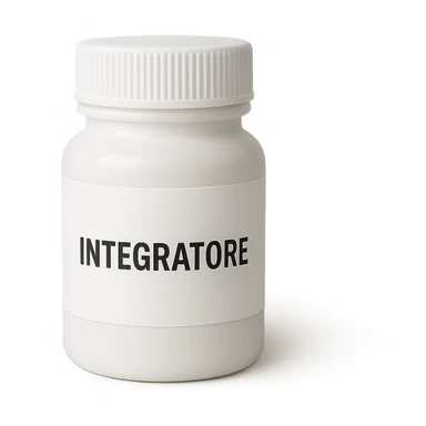 boccetta di integratore con la scritta "INTEGRATORE" SULL'ETICHETTA sticker
