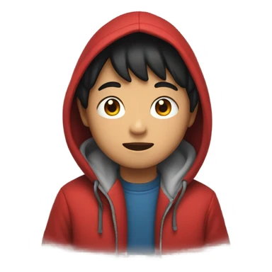 Asian Boy wearing red gloves on hands and a hoodie sticker