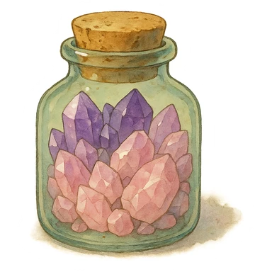 amethyst and rose quartz crystal pieces in a jar, natural colors, soft, fairy-like atmosphere, no background, square size sticker