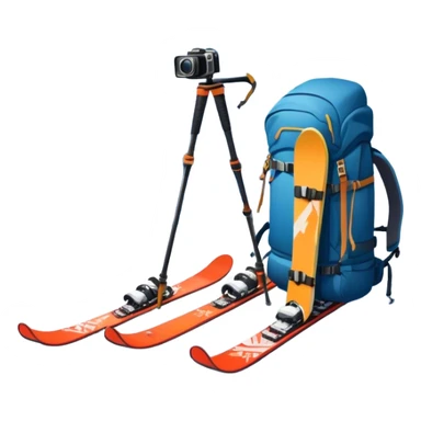  a snowy mountain peak in the landscape, with skis, a snowboard, an ice axe, a backpack and a camera. The icon should capture the adventure and exploration of mountain landscapes. Transparent background. sticker