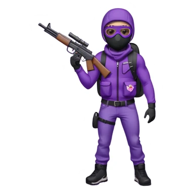 YN wearing a ski mask, holding a gun, purple jeans, Sprayground bookbag, confident stance sticker