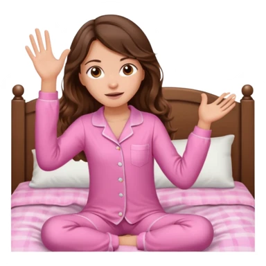Brunette girl with long wavy brown hair with brown eyes and slapping on a withe bed with cute pink pjs sticker