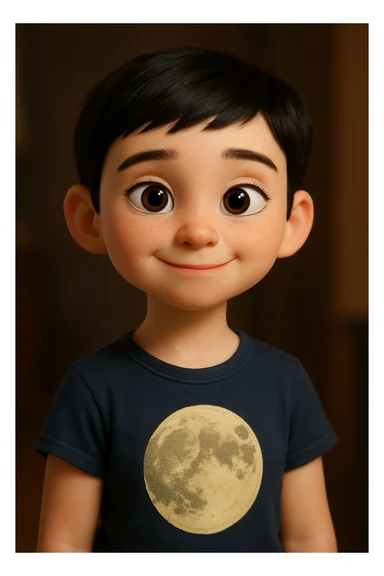 Pixar animation style girl with white skin, very short black hair, wearing a t-shirt with a moon drawing sticker