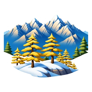 Huangshan Yellow Mountain winter snow peaks with pine trees, simplified emoji style with bold outlines and bright colors, cartoon style snowy mountains sticker