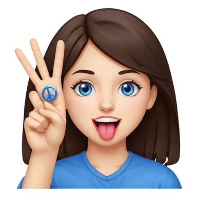 brunette girl holding 2 peace signs and ￼tongue out but make the teeth show just a little! and blue eyes  sticker