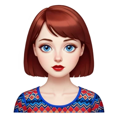 Artistic young woman with pale skin, oval face, large expressive blue eyes with eyeliner, thin arched eyebrows, small nose, full lips with red lipstick, dark auburn hair that's straight with slight waves at ends, straight bangs, wearing a bright colorful patterned top, warm creative expression sticker