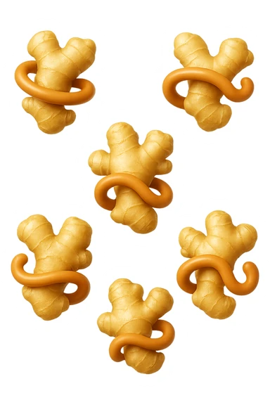 emoji stile iphone 3d di 6 piccoli pezzi di zenzero che fluttuano in aria con pezzi di colon arrotolati intorno, iperrealistico 4k sticker