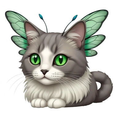dark gray ragdoll Cat white face with dragonfly wings antennae green eyes sticker
