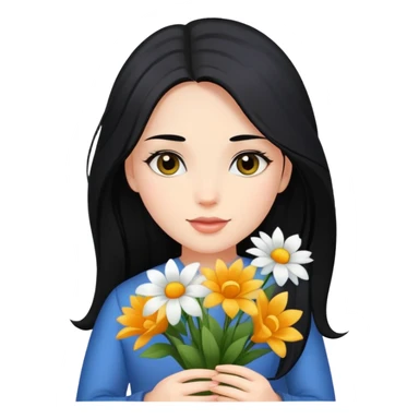 Beautiful girl with long black hair holding a bouquet of flowers sticker