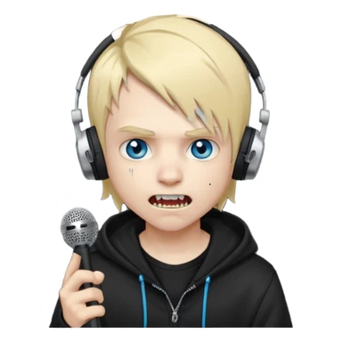boy vampire whit blonde emo hair and eyes blue and grey skin and heandphones black AND A MICROFONE AND GOLD TEETH and agesive face and the hoodie black  sticker
