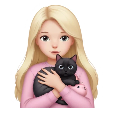 girl with blond long hair, grey eyes and fair skin in pink pastel clothes holds a black British cat in her arms sticker