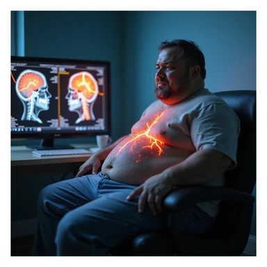 hyper-realistic medical CGI of an obese man sitting in a doctor's office with a brain scan on a monitor behind him showing inflamed hippocampus in red, shrunken prefrontal cortex, yellow lightning for glucose spikes, black amyloid plaques, constricted blood vessels, 4K clinical sticker