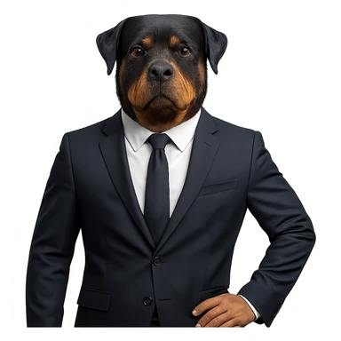 Rottweiler dog in a business suit, standing, confident pose sticker