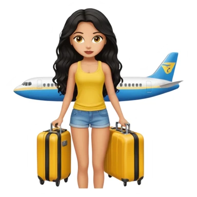 a pretty bratz dusky girl with long wavy black hair in a yellow tank top with a black suitcase at an airport sticker