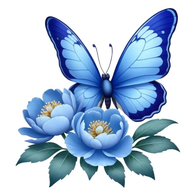 A delicate butterfly with cobalt blue and powder blue wings, its edges dusted with shimmering silver, gently perched on a cluster of blooming pastel blue peonies and deep navy pansies, their petals unfolding in the soft sunlight. sticker