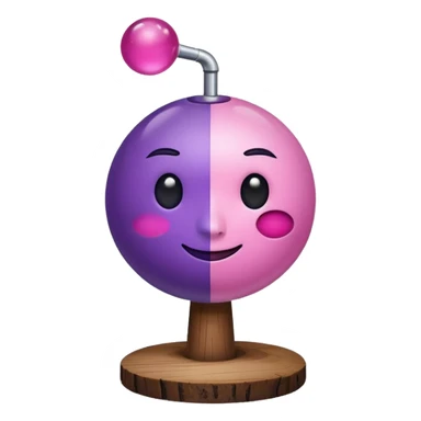 A half pink half purple ball with a face wooden stem followed by a glass stem on top of the wood stem tilted 90 degrees sticker