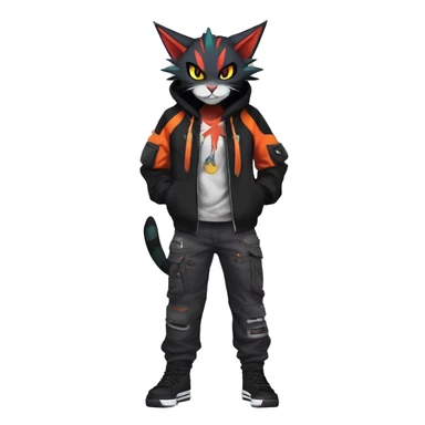 Cool Anthro Noivern-Litten-Feline-Pokémon with edgy stripes hoodie spiked collar punk techwear Cargo Pants Full Body sticker