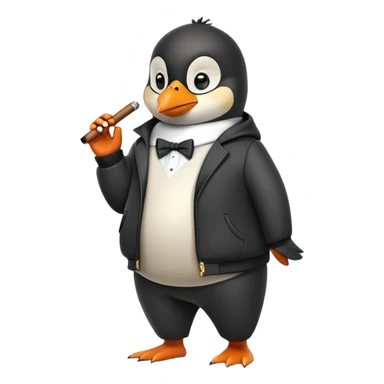 friendly anthropomorphised penguin wearing a mafia-style tracksuit, holding a cigar, confident pose, scheming soprano vibe sticker