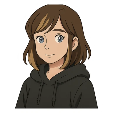 designer girl with blue eyes, brown hair with blonde highlights, black hoodie sticker